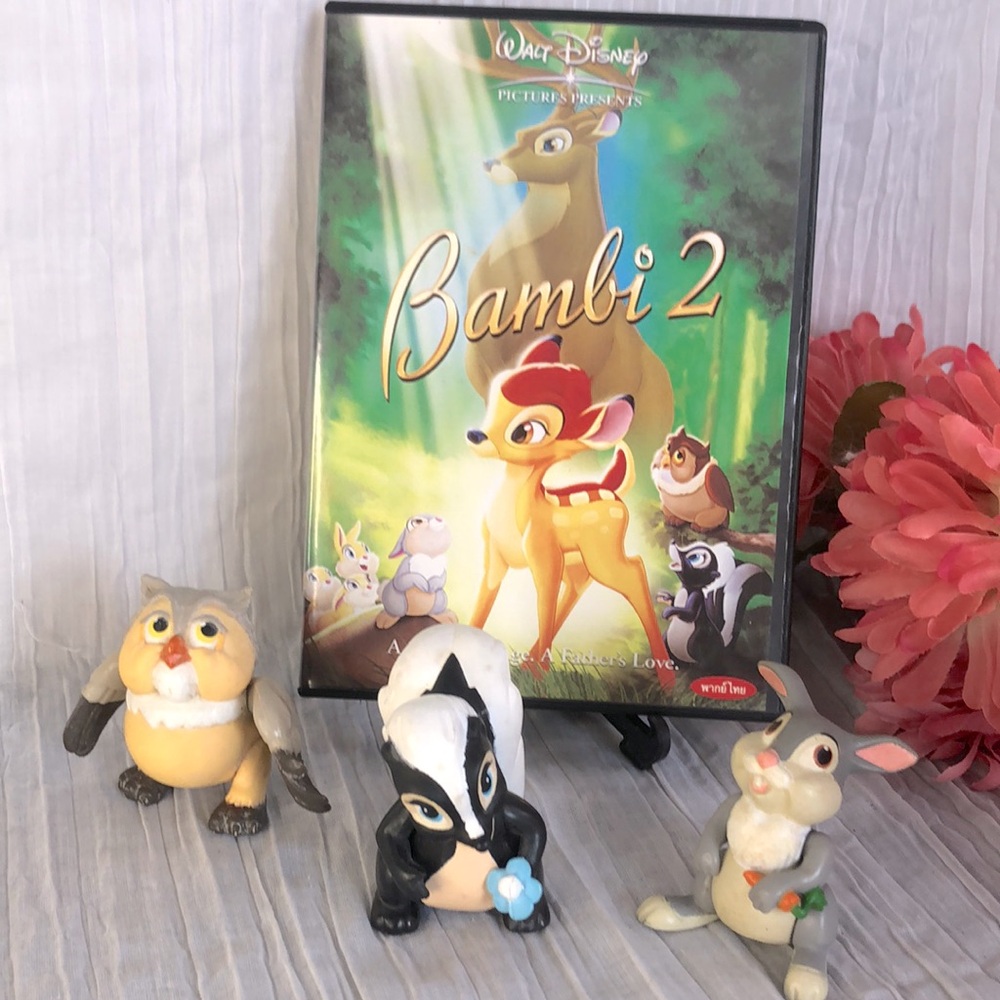 DISNEY BAMBI 2 DVD & 3 vintage plastic action toys Friend Owl Flower Thumper